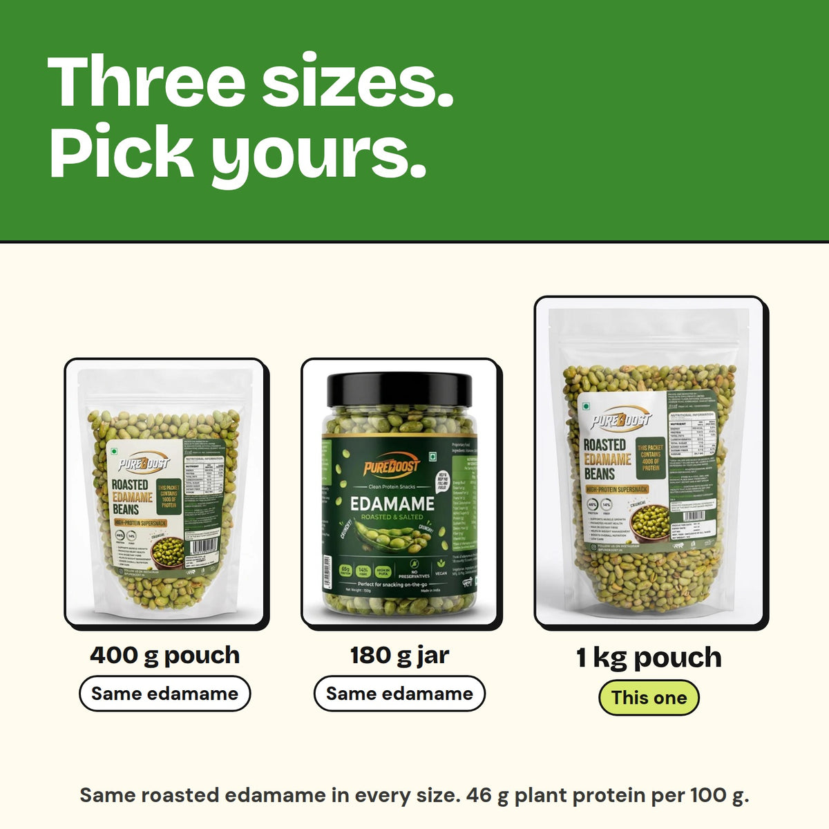 Pureboost Roasted Edamame sizes: 180 g jar, 400 g pouch and 1 kg pouch