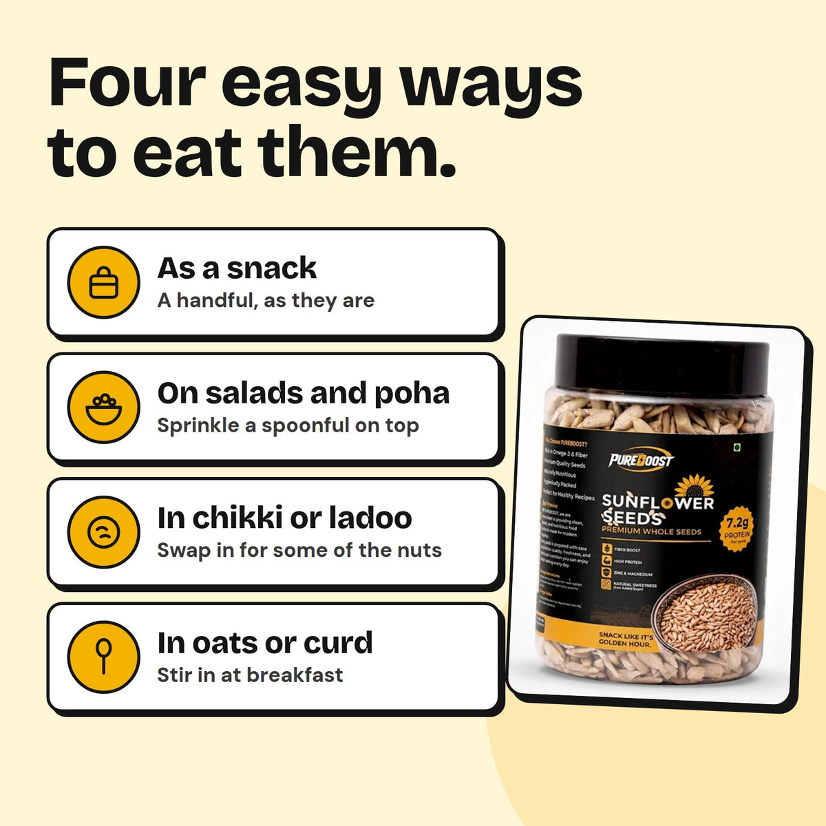 Four easy ways to eat Pureboost Sunflower Seeds 250 g