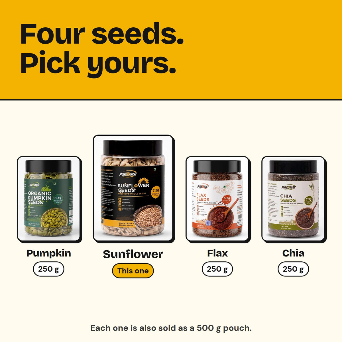 Pureboost seeds range: pumpkin, sunflower, flax and chia